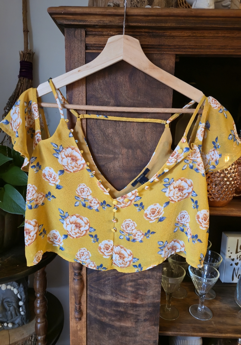 FOREVER 21 Mustard Yellow Floral Cold-Shoulder Wide Fit Boho Sheer Crop Top, SM